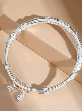 9999纯银手镯女繁花似t锦两世欢实心推拉时尚年轻款手环送女友礼