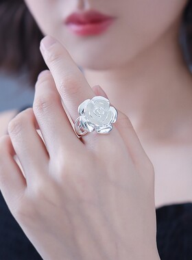 玫瑰花戒指纯银999 女韩版简约时尚夸张个性食指戒子复古开口指环