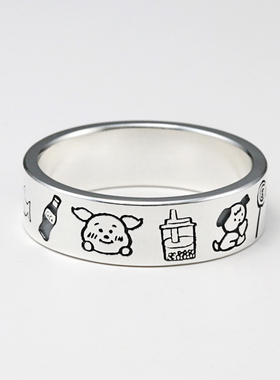 个性手绘涂鸦戒指999纯银情侣对戒手工定制创意小图案戒指送女友