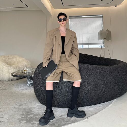 春夏韩国复古立裁设计半领极简西装套装男设计感阔腿短裤两件套潮 - 图2