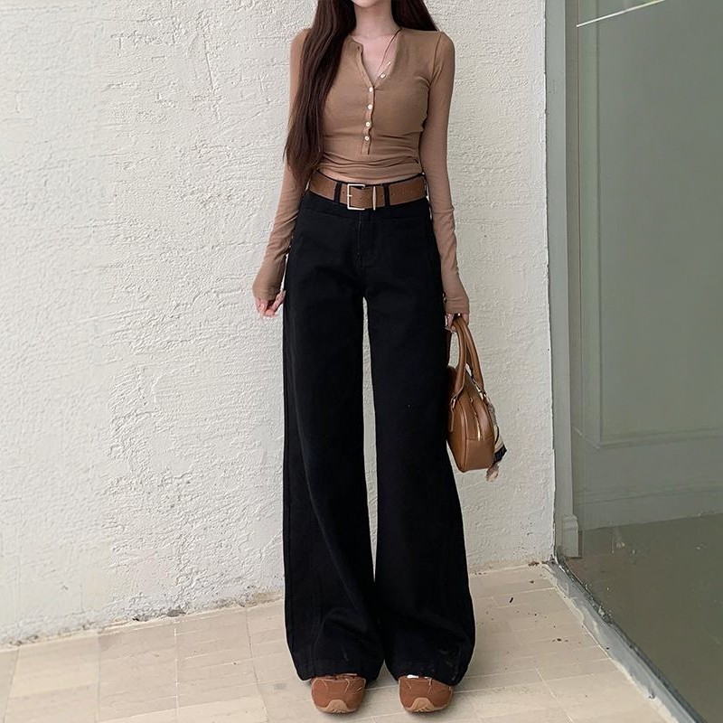 黑色百搭显高宽腰带阔腿牛仔裤女2026年冬季加绒高腰显瘦拖地长裤,淘宝优惠券,粉丝福利购,淘宝优惠卷