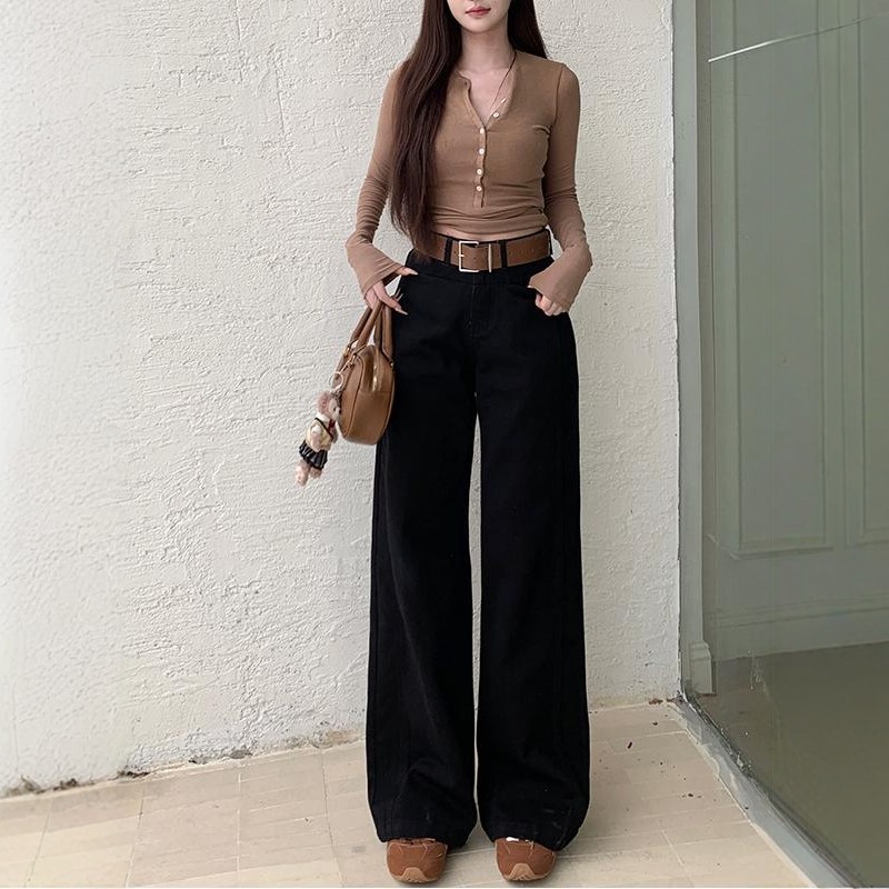 黑色百搭显高宽腰带阔腿牛仔裤女2026年冬季加绒高腰显瘦拖地长裤,淘宝优惠券,粉丝福利购,淘宝优惠卷