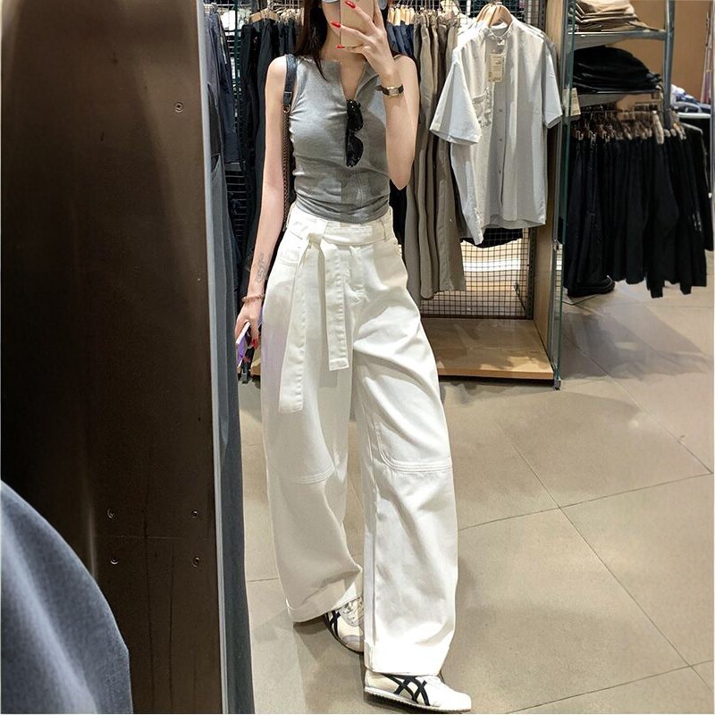 纯白调性飘带休闲阔腿牛仔裤女2025秋季新款高腰宽松显瘦垂感长裤