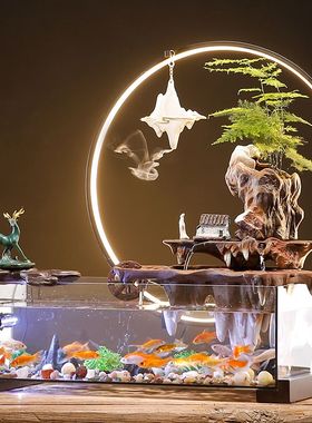 创意免换水生态玻璃鱼缸造景假山流水摆件循环水客厅办公室装饰品