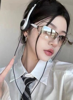 复古无框方形眼镜潮流Y2K辣妹甜酷太阳镜男时尚个性镶钻网红墨镜
