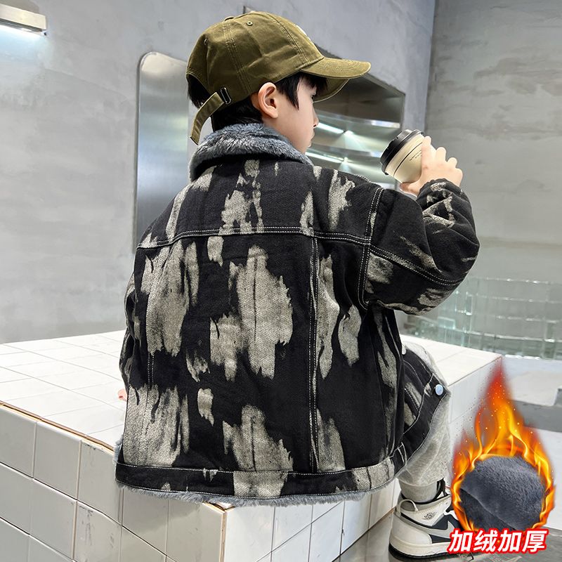 韩版男童加绒外套2025新款洋气秋冬装夹棉袄儿童宝宝加厚牛仔上衣 - 图2