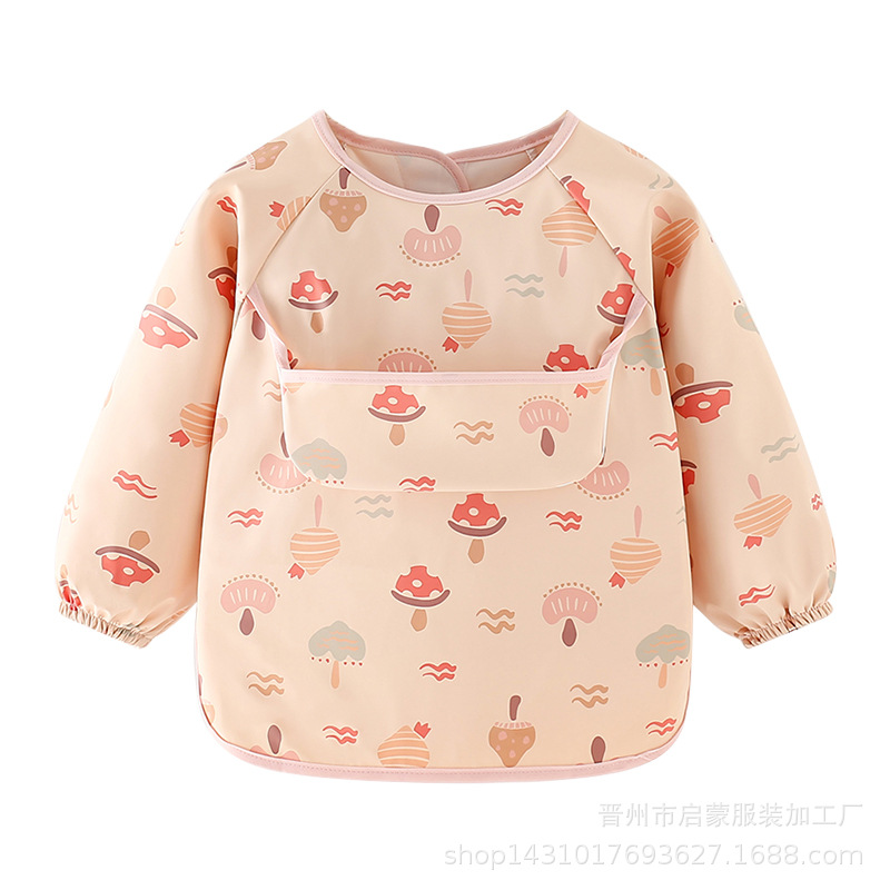 Children's clothing baby eating bib waterproof and dirty anti-dirty apron long-sleeved washing PU soft leather back-dressing baby clothing