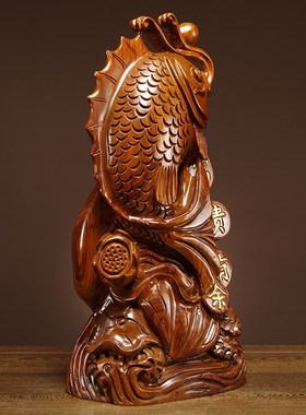 花梨木雕刻富贵有余鱼摆件动物金龙鱼家居客厅公司店铺装饰工艺品