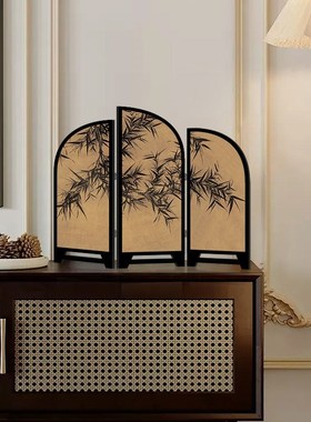 中古风桌面屏风摆画创意玄关柜摆台画复古新中式墨竹图茶桌装饰画