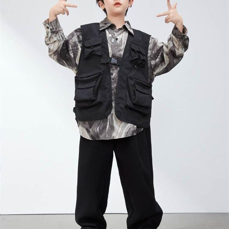 男女童潮酷街舞服机能多口袋马甲工装衬衫套装嘻哈少儿演出服套装,淘宝优惠券,粉丝福利购,淘宝优惠卷