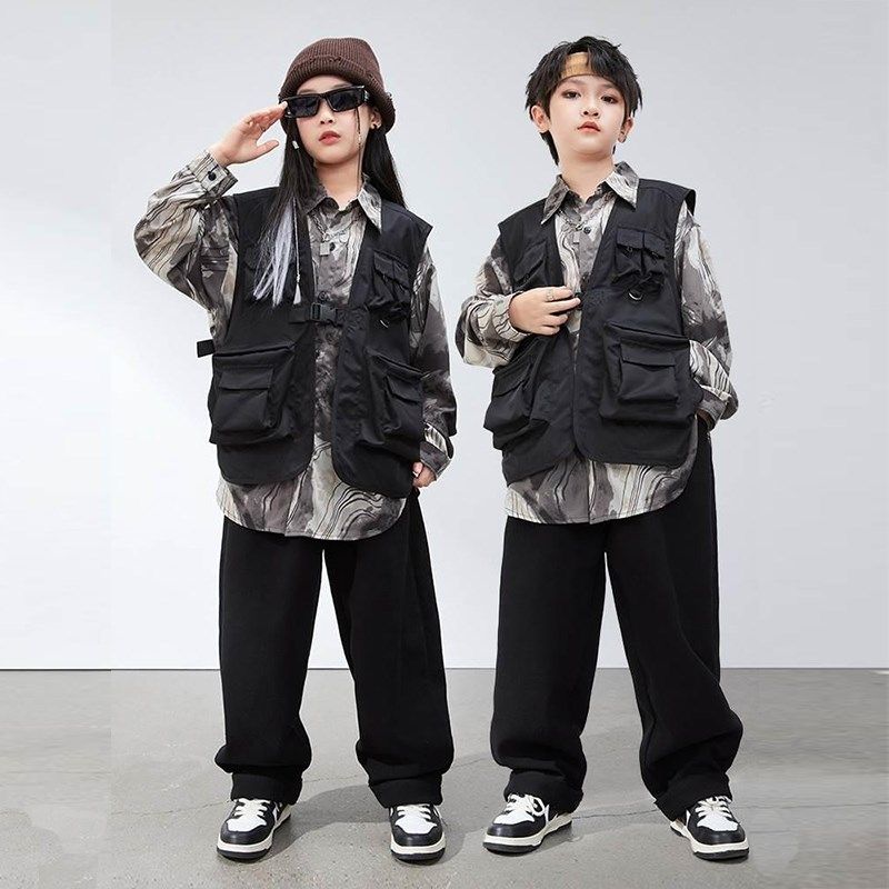 男女童潮酷街舞服机能多口袋马甲工装衬衫套装嘻哈少儿演出服套装,淘宝优惠券,粉丝福利购,淘宝优惠卷