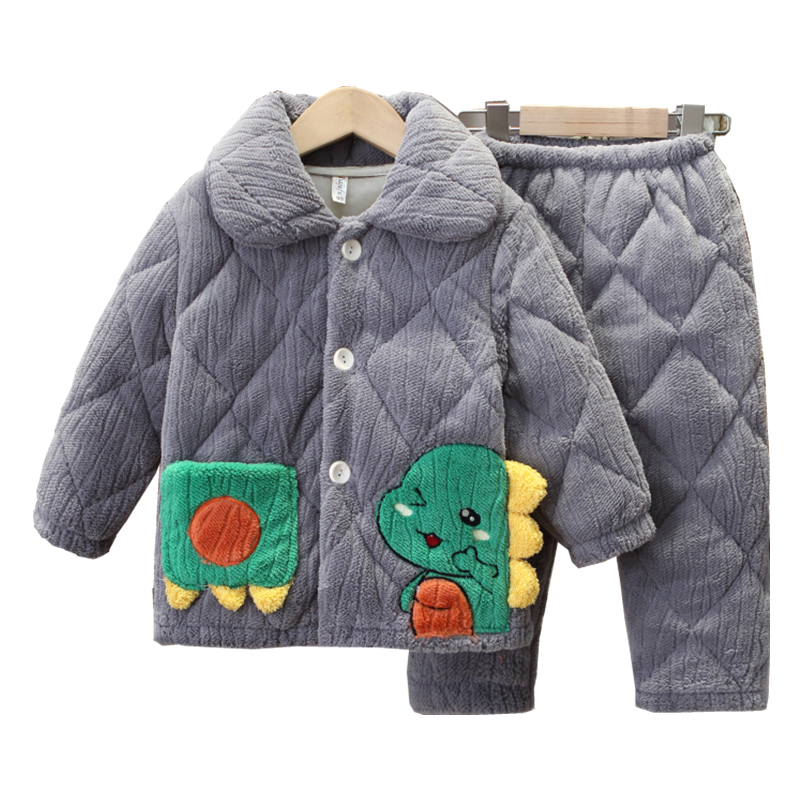 冬款加厚夹棉儿童法兰绒睡衣男女孩保暖珊瑚绒男女宝宝家居服套装 - 图2