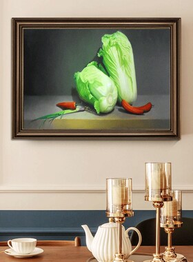白菜摆财美式餐厅装饰画寓意好油画饭厅餐桌挂画入户玄关壁画高档
