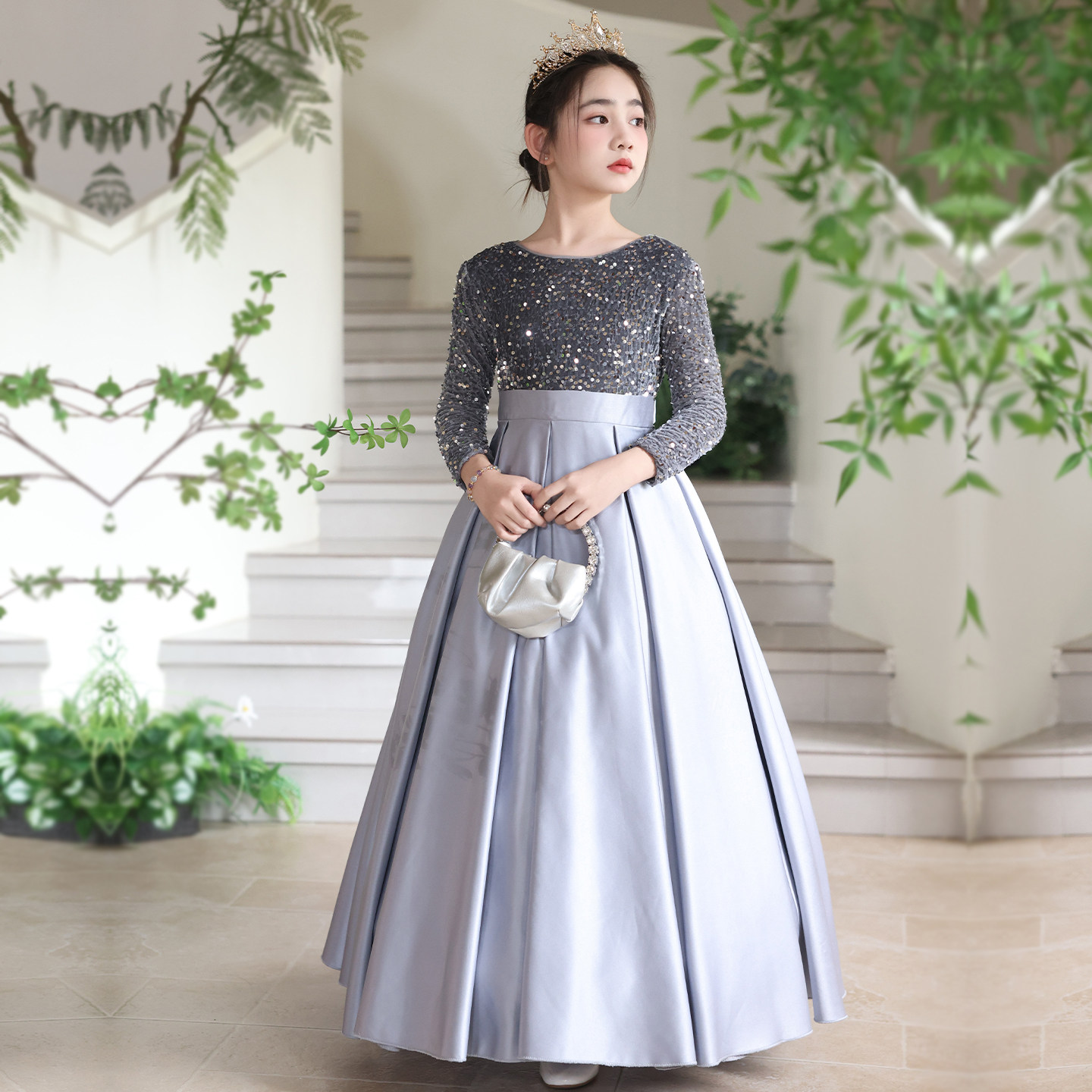 女童黑色长袖大摆裙亮片裙主持人礼服钢琴演奏表演服合唱团演出服,淘宝优惠券,粉丝福利购,淘宝优惠卷