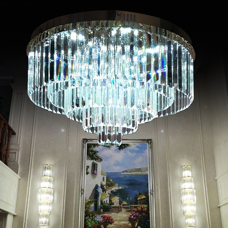 不锈钢客厅吸顶灯长条水晶灯卧室圆形吊灯长方形三色变光110-220v - 图0