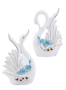景德镇陶瓷工艺品捏花情侣天鹅客厅酒柜玄关装饰摆件创意结婚礼品