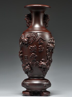 黑檀木雕金玉满堂花瓶摆件家居电视柜插花装饰工艺品新居乔迁送礼