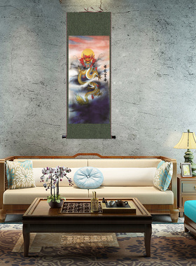 祥龙云海国画装饰画 青龙丝绸卷轴画适用于客厅玄关办公室挂画 复