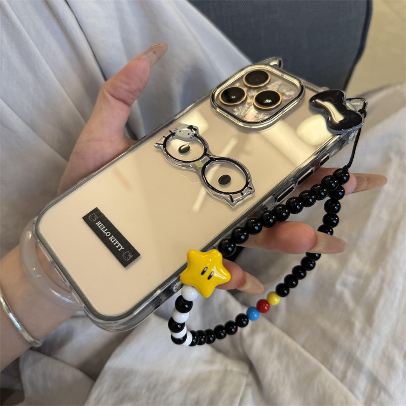 黑色长耳朵透明KT猫戴眼镜适用iPhone16promax手机壳新款苹果15pro创意磨砂14pro个性13pro可爱16pro防摔保护,淘宝优惠券,粉丝福利购,淘宝优惠卷