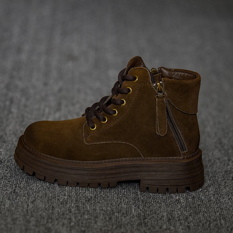 圆头短靴女厚底小个子中跟秋冬靴B子女系带马丁靴女粗跟复古女靴 - 图1