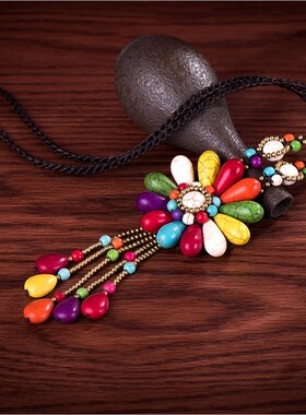 毛衣链民族风f项链配饰挂件长款云南中国风百搭饰品松石花朵吊坠