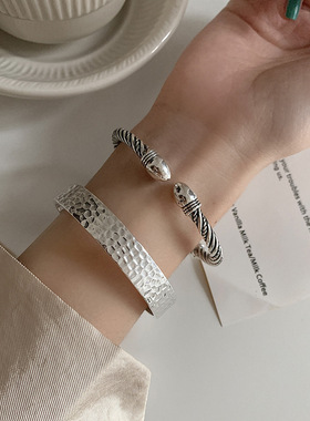 韩国重工粗版麻花手镯女925银个性复古简约光面手环时尚手饰潮