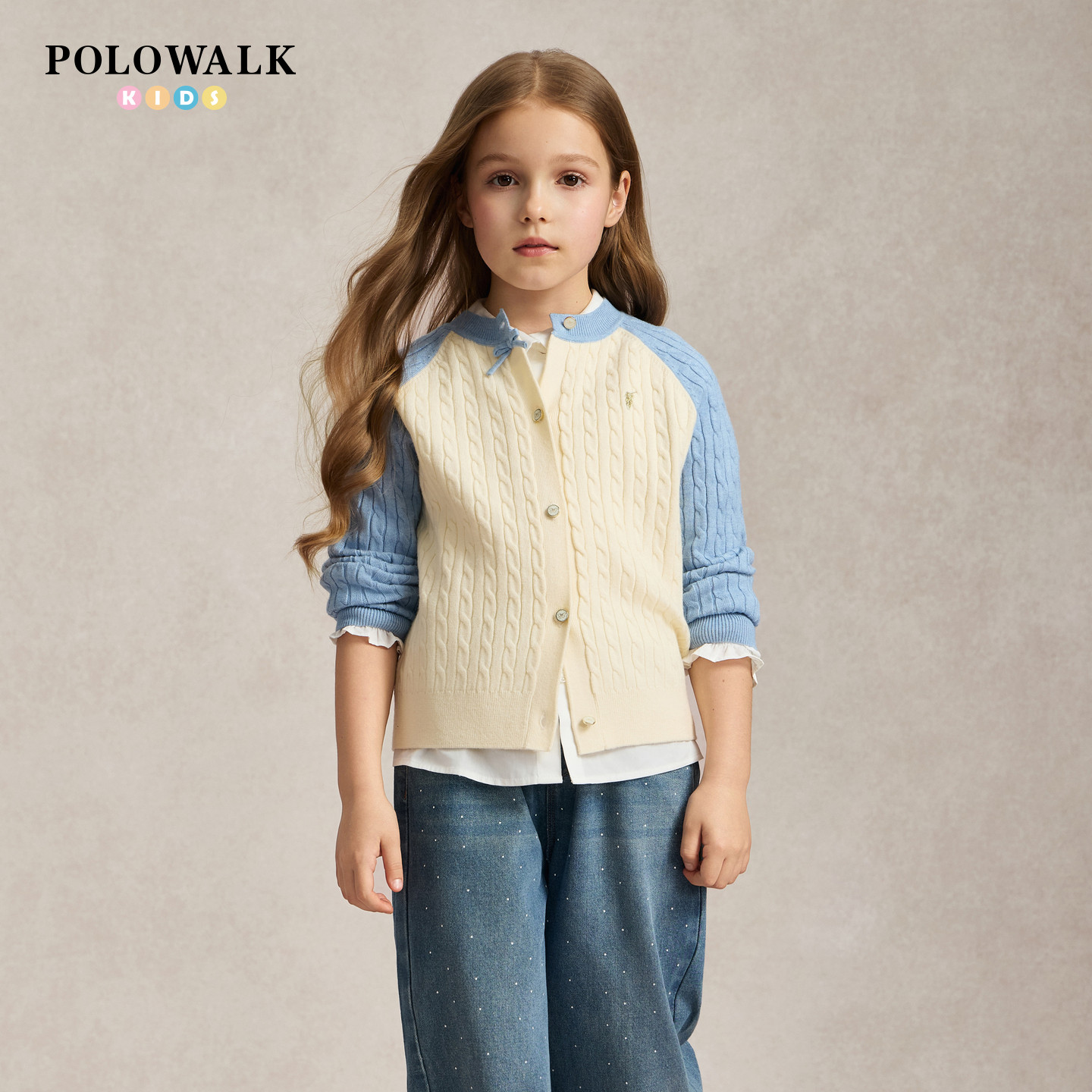 POLOWALK女童撞色拼接针织开衫