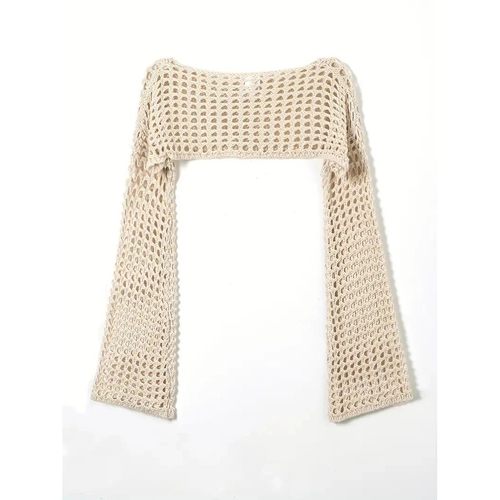 Women Crochet Knit Hollow Out Crop Top Long Sleeve Shrug Swe - 图0
