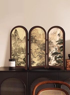 中古风客厅电视柜屏风摆件2025新款国画山水玄关柜桌面高级感摆画