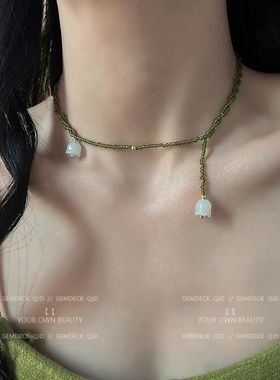 绿色元素饰品森系超仙水晶铃兰项链女复古串珠小众设计锁骨链温柔