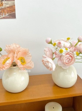 ins风奶油陶瓷小圆瓶干花假花套装 玄关卧室客厅办公室装饰摆件