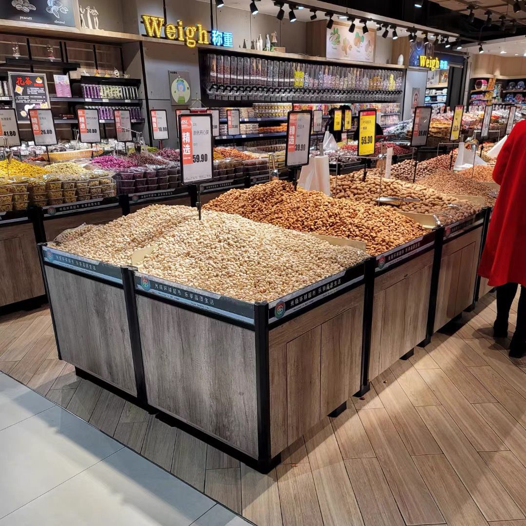 超市散粮米都杂粮干货柜木质瓜子干果柜散装大米展示架玻璃定制 - 图2