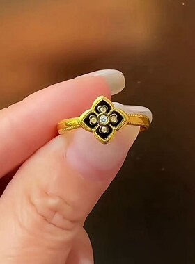 珐琅四叶花戒指复古轻奢镶钻指环