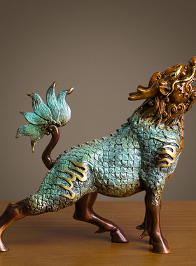 铜金岁月风火小麒麟摆件客厅装饰黄铜铜雕工艺品办公室桌面博古架