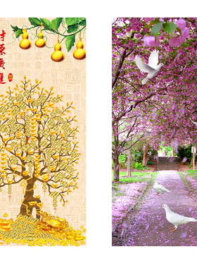 新中式发财树流水生财招财进宝玄关画进门墙画挂画客厅竖版入户