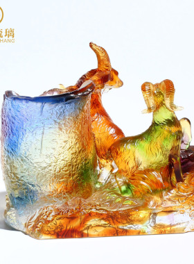 琉璃笔筒三阳开泰摆件老板办公桌摆件高档大气生日礼物领导中国风