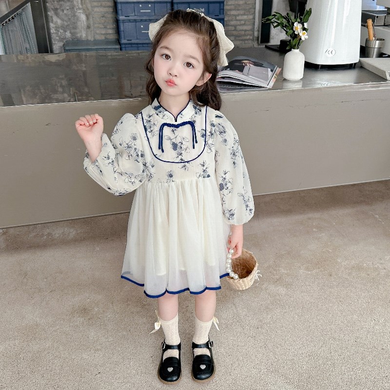 女童水墨画国风连衣裙春秋款2024新款儿童女宝宝春季春装公主裙子 - 图0