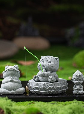 可爱治愈系小猫钓鱼茶宠摆件创意小悟空青蛙鱼缸造景盆栽桌面装饰