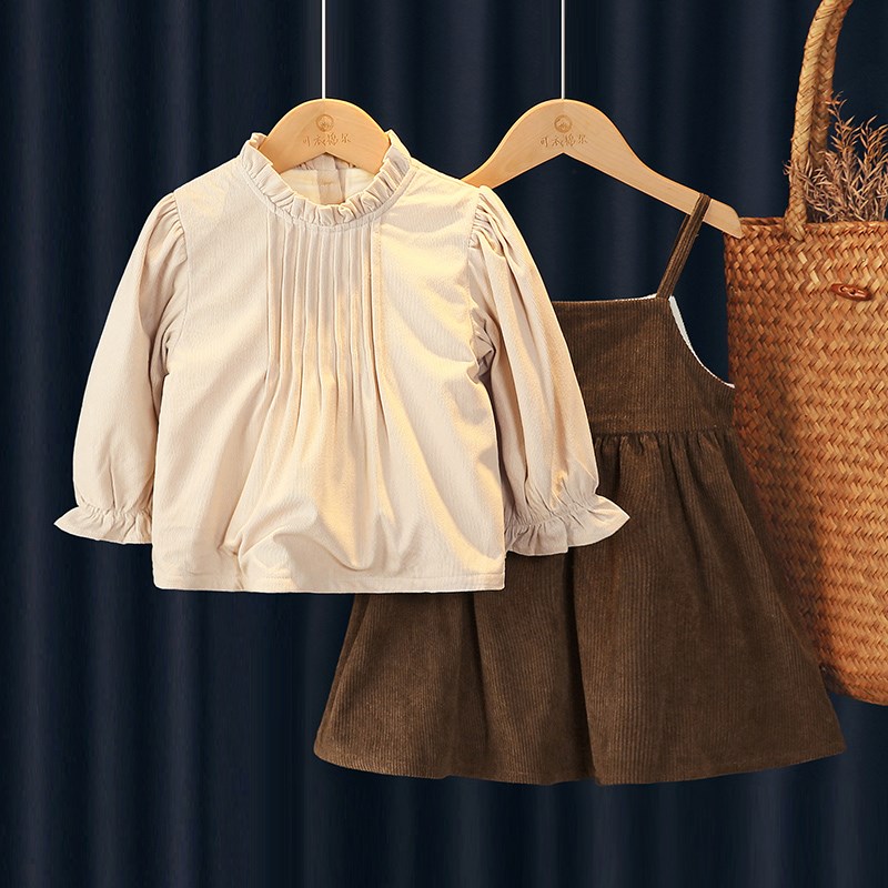 女童连衣裙套装秋冬季加绒加厚儿童新款洋气法式女孩背带裙两件套 - 图0