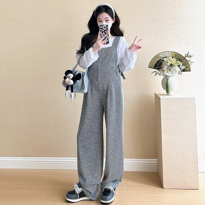 孕妇套装秋冬两件套2024时尚圆领衬衫长袖上衣宽松条纹阔腿背带裤,淘宝优惠券,粉丝福利购,淘宝优惠卷