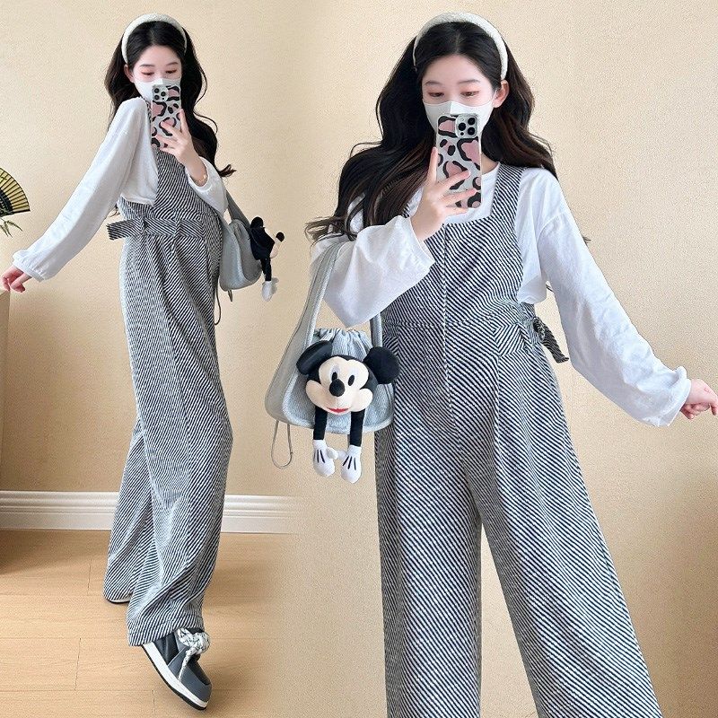 孕妇套装秋冬两件套2024时尚圆领衬衫长袖上衣宽松条纹阔腿背带裤,淘宝优惠券,粉丝福利购,淘宝优惠卷