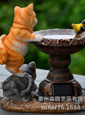 树脂双猫趴盆鱼池太阳能灯户外花园阳台草坪庭院灯装饰小夜灯摆件