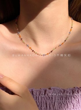 高级小众颈链~彩色水晶设计感简约百搭撞色R复古脖颈链锁骨链