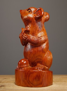 花梨木雕老鼠摆件实木质动物生肖工艺品家居客厅装饰摆.设开业送