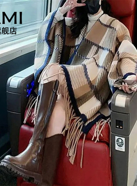AMI女装法式流苏披肩女2026秋冬复古英伦格子外搭高品质毛呢围巾9