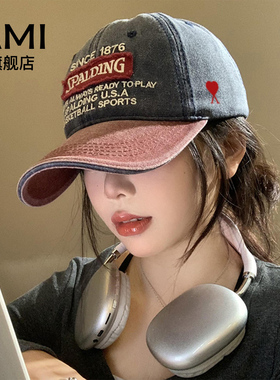 AMI女装撞色软顶棒球帽女水洗牛仔大头围显脸小鸭舌帽复古宽帽檐