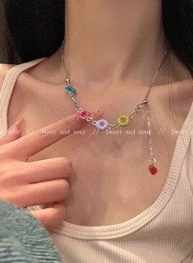 彩色甜甜圈流苏项链m2024新款爆款夏季甜酷气质锁骨链百搭脖颈链