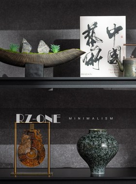 新中式茶室客厅酒柜摆件禅意样板间售楼处书房书架软装搭配套装