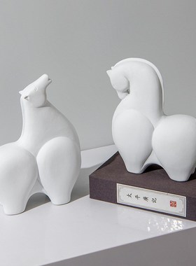 艺贝子新中式禅意陶瓷黑白瓷马摆件工艺品办公室样板间软装饰品