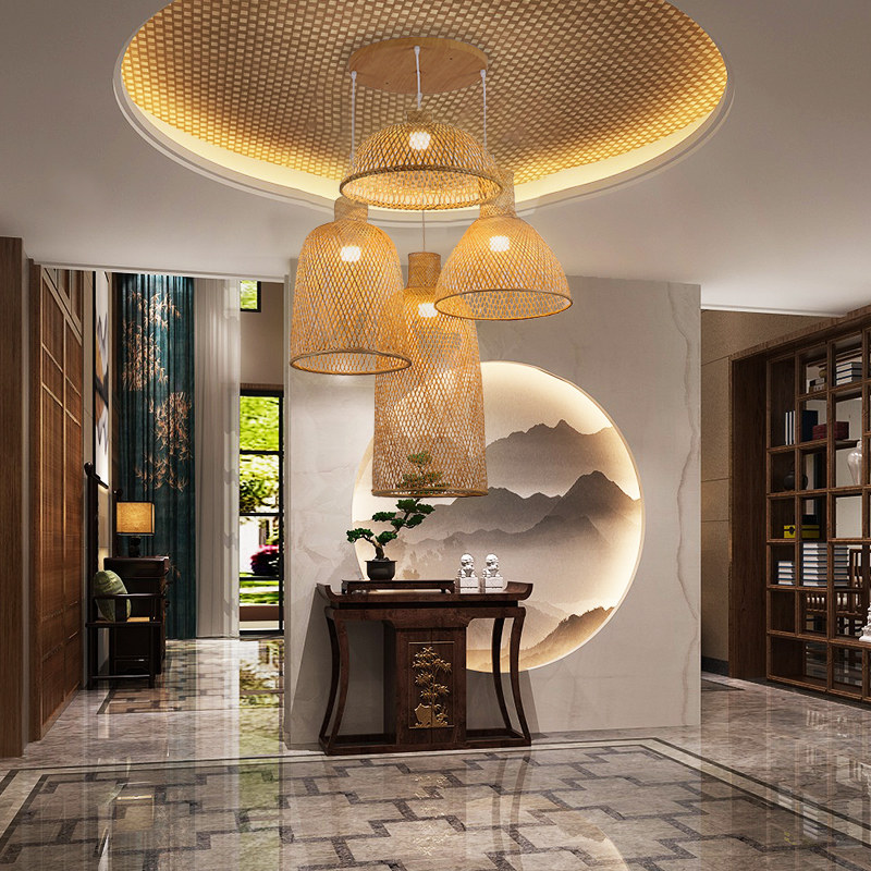 竹编组合吊灯创意个性中式装饰餐厅大厅茶室民宿复式楼梯三头灯具,淘宝优惠券,粉丝福利购,淘宝优惠卷